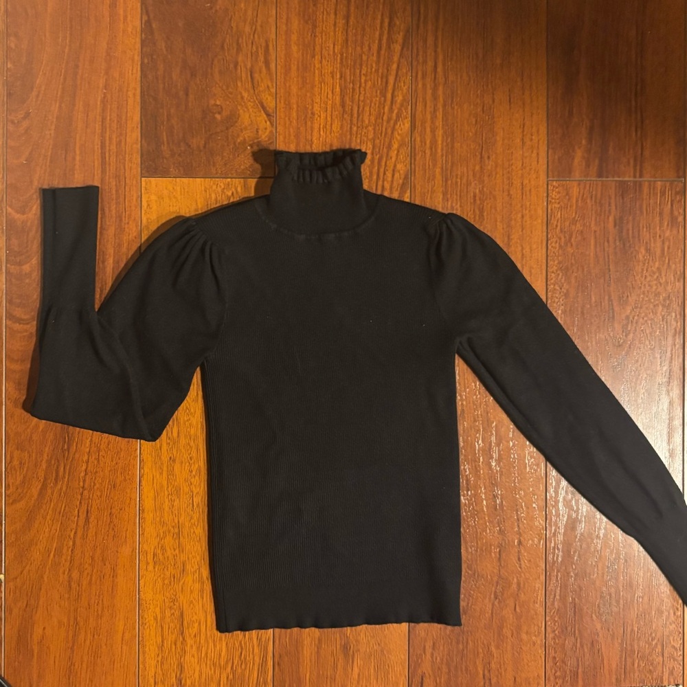 Premise Black Turtleneck Sweater ruffle neck puff arms S XS
